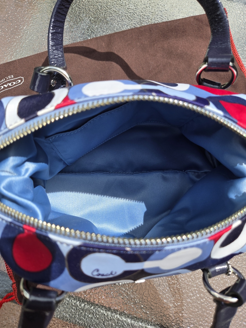 Coach Sateen Signature Circle Print Satchel - Navy, Red & White - Picture 8 of 9